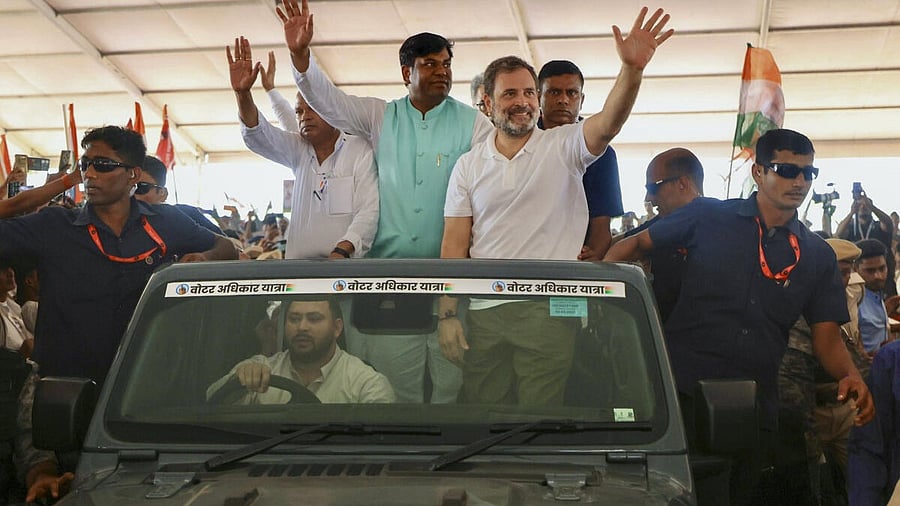 <div class="paragraphs"><p>In this image released by @INCIndia via X on Aug. 17, 2025, LoP in the Lok Sabha and Congress leader Rahul Gandhi with RJD leader Tejashwi Yadav during a rally as part of his 'Voter Adhikar Yatra', in Sasaram.</p></div>