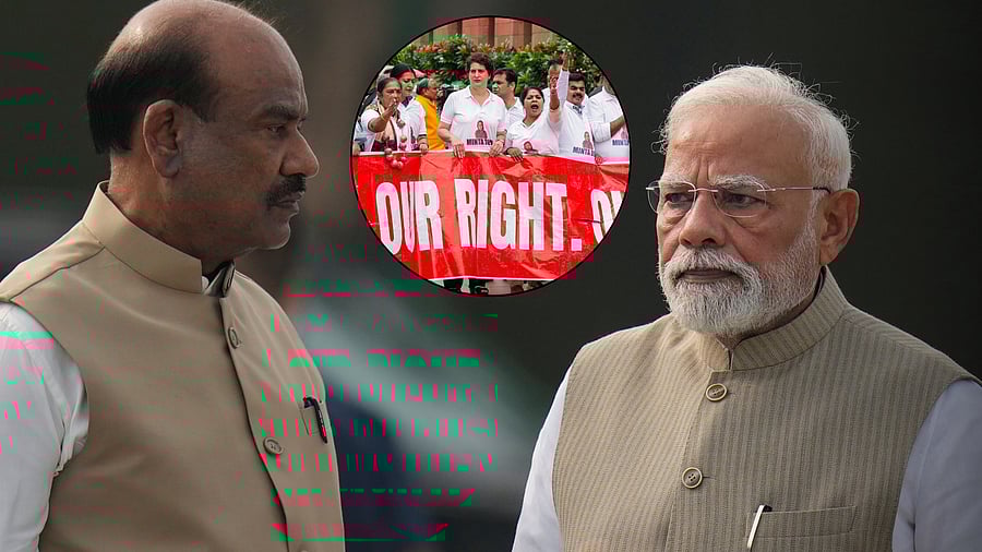 <div class="paragraphs"><p>PM Narendra Modi and Lok Sabha Speaker Om Birla. Inset: Oppn protest over Bihar SIR within Parliament premises.</p></div>