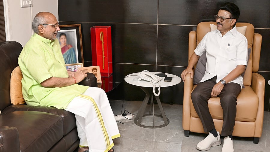 <div class="paragraphs"><p>C P Radhakrishnan, the NDA vice presidential nominee, with Tamil Nadu Chief Minister M K Stalin in Chennai on August 11. Radhakrishnan had called on Stalin to enquire about his health. &nbsp;</p></div>