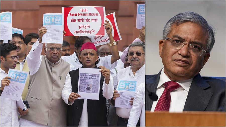 <div class="paragraphs"><p>Oppisition leaders during an SIR protest(L), CEC&nbsp;Gyanesh Kumar</p></div>