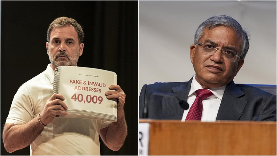 <div class="paragraphs"><p>LoP in the Lok Sabha and Congress leader Rahul Gandhi (L), Chief Election Commissioner Gyanesh Kumar during a press conference</p></div>