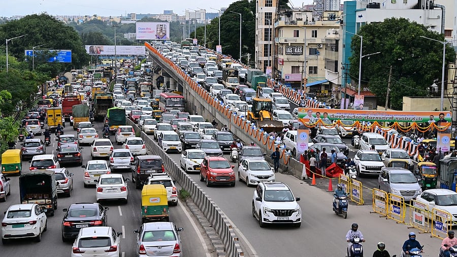 <div class="paragraphs"><p>Slow moving traffic near Hebbal Flyover after the&nbsp;inauguration</p></div>