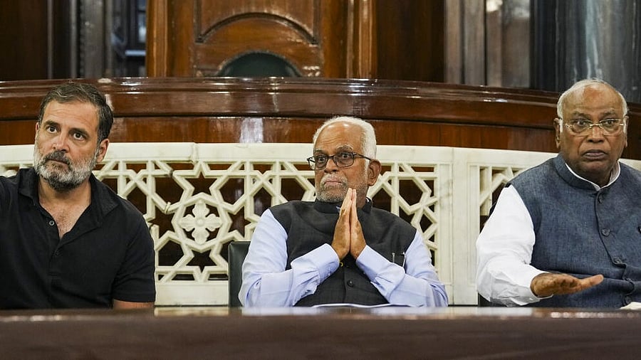 <div class="paragraphs"><p>Joint Opposition's vice presidential candidate B Sudershan Reddy with Congress President Mallikarjun Kharge and LoP in the Lok Sabha and party leader Rahul Gandhi</p></div>