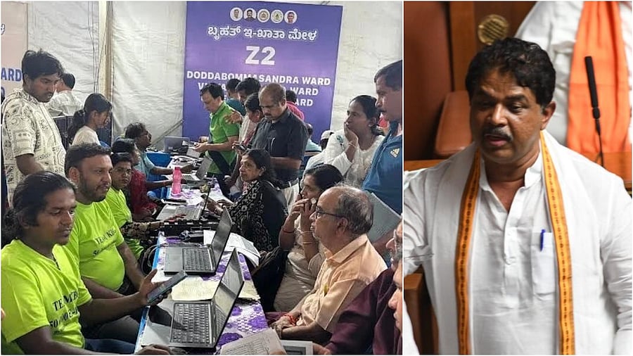 <div class="paragraphs"><p>Property owners at an e-khata mela (L), BJP's R Ashoka&nbsp;</p></div>