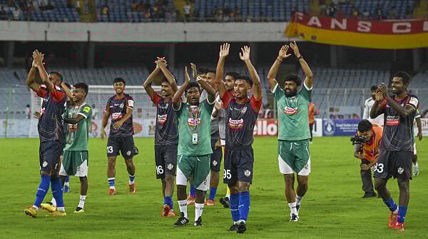<div class="paragraphs"><p>Diamond Harbour FC players celebrate their victory against East Bengal FC during Durand Cup semifinal in Kolkata.</p></div>