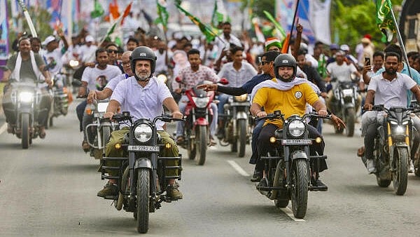 <div class="paragraphs"><p>In this image posted on Aug. 24, 2025, Leader of Opposition in the Lok Sabha Rahul Gandhi and RJD leader Tejashwi Yadav ride motorcycles with others during the ‘Voter Adhikar Yatra’, in Bihar.</p></div>
