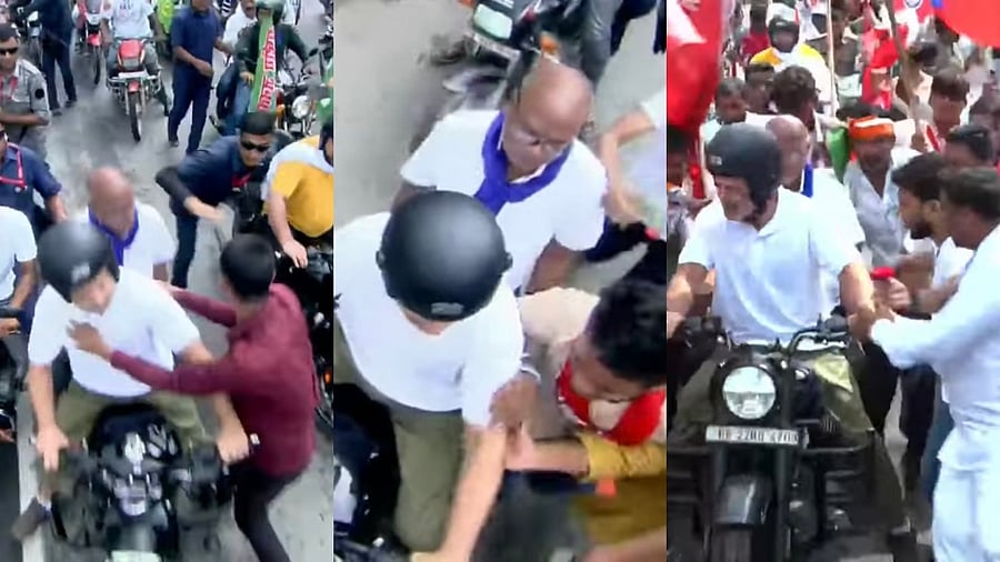 <div class="paragraphs"><p>People who attended Rahul's rally were seen easily getting close to him, hugging, kissing, and even pulling his hand while he was riding the bike.</p></div>