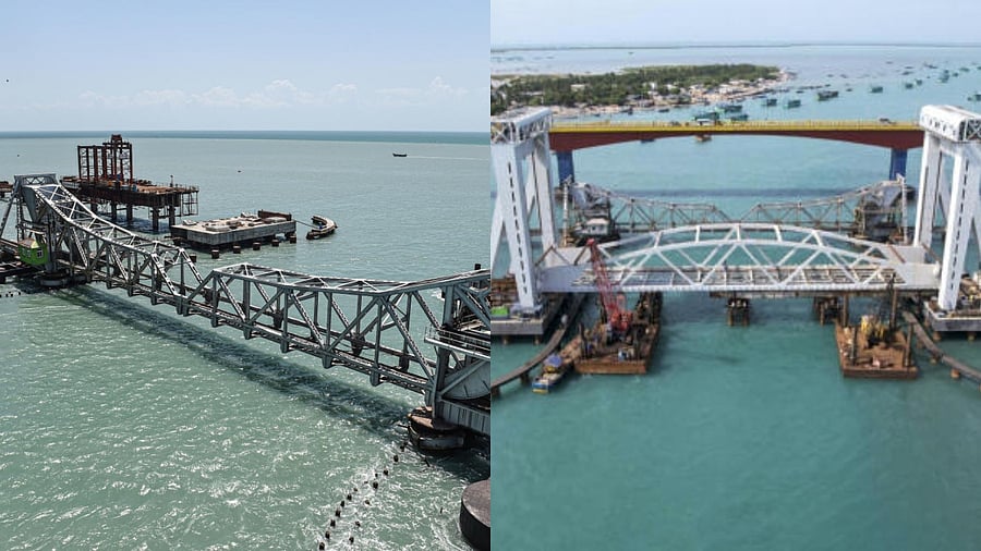 <div class="paragraphs"><p>View of the old Pamban Bridge (L) and the new  Pamban Bridge.</p></div>