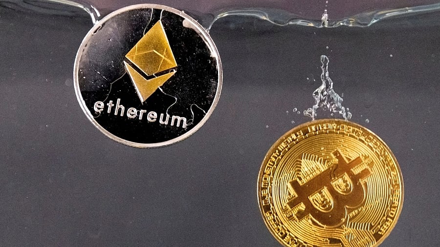 <div class="paragraphs"><p>Souvenir tokens representing cryptocurrency Bitcoin and the Ethereum</p></div>