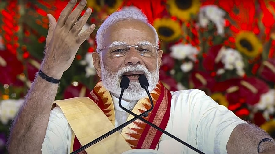 <div class="paragraphs"><p>Prime Minister Narendra Modi addresses the foundation stone laying event of development projects worth over 5,400 crore rupees at Khodaldham ground, in Ahmedabad.</p></div>