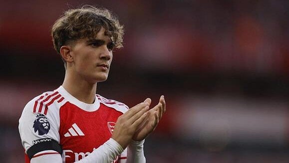 <div class="paragraphs"><p>Arsenal's Max Dowman celebrates after the match.</p></div>