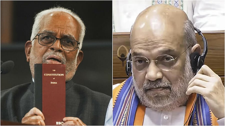 <div class="paragraphs"><p>Justice B Sudershan Reddy (L) and Union Home Minister Amit Shah (R)</p></div>