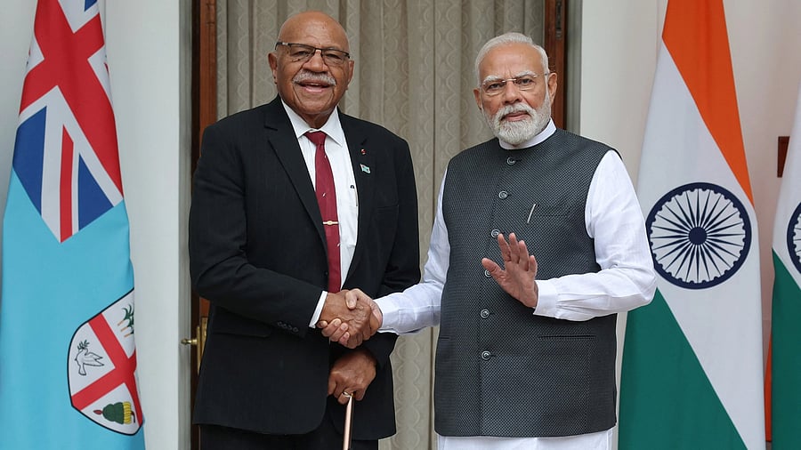<div class="paragraphs"><p>Fiji's Prime Minister Sitiveni Rabuka shakes hands with his Indian counterpart Narendra Modi before their meeting at the Hyderabad House in New Delhi, India, August 25, 2025. </p></div>