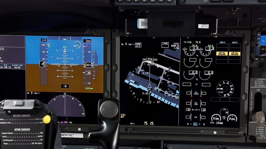 <div class="paragraphs"><p>View of flight controls in the cockpit of a Boeing 737-10 Max airliner at the 54th International Paris Air Show at Le Bourget Airport near Paris, France.</p></div>