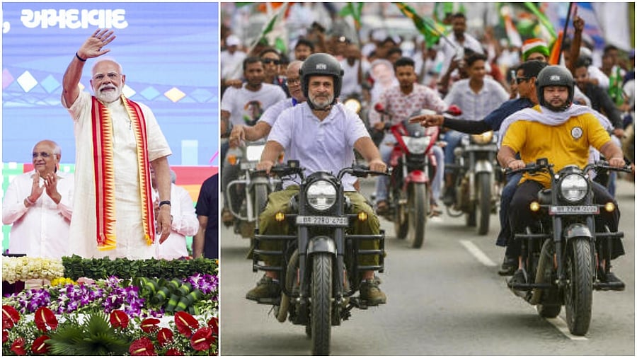 <div class="paragraphs"><p>(L to R) Prime Minister Narendra Modi,&nbsp;Leader of Opposition  Rahul Gandhi&nbsp; and RJD leader Tejashwi Yadav ride motorcycles with others during the ‘Voter Adhikar Yatra’, in Bihar.</p></div>