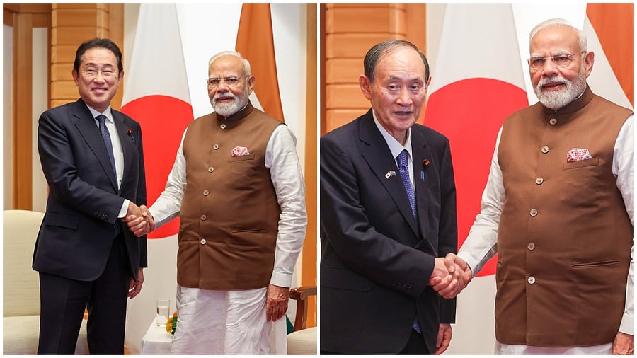 <div class="paragraphs"><p>Former Japanese prime ministers Fumio Kishida (L),&nbsp;Yoshihide Suga with Prime Minister Narendra Modi</p></div>