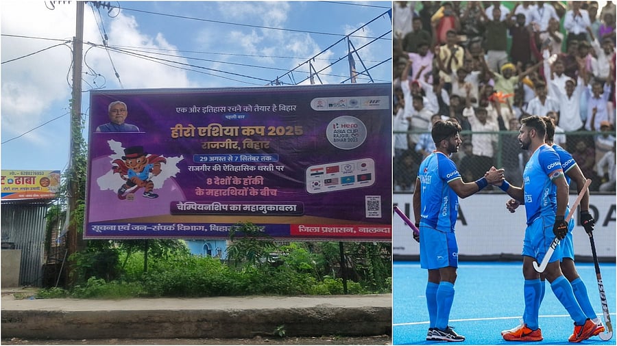 <div class="paragraphs"><p>A hoarding advertising the Asia Cup with mascot 'Chand', with a mugshot of Chief Minister Nitish Kumar(L),&nbsp;India’s captain Harmanpreet Singh and Manpreet Singh celebrate a goal during a Men's Hockey Asia Cup 2025 match between India and China.</p></div>