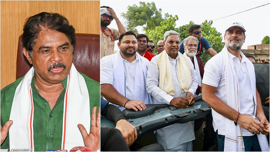 <div class="paragraphs"><p>BJP's R Ashoka(L),&nbsp;LoP in the Lok Sabha and Congress leader Rahul Gandhi with Karnataka Chief Minister Siddaramaiah and RJD leader Tejashwi Yadav during the 'Voter Adhikar Yatra', in Gopalganj</p></div>