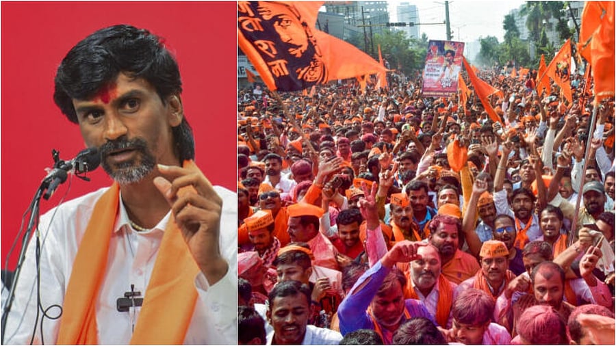 <div class="paragraphs"><p>Manoj Jarange-Patil (R) and Crowd gathered in support of him (L)</p></div>