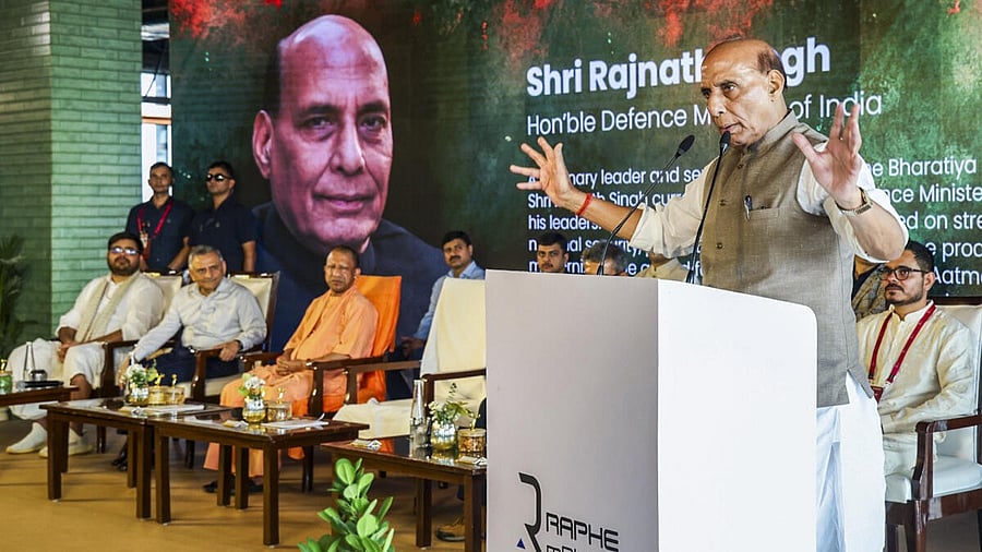 <div class="paragraphs"><p>Union Defence Minister Rajnath Singh, Uttar Pradesh Chief Minister Yogi Adityanath and others during the inauguration of Raphe mPhibr Pvt Ltd's defence equipment and engine-testing facility, in Noida, Gautam Buddha Nagar district, Uttar Pradesh.</p></div>