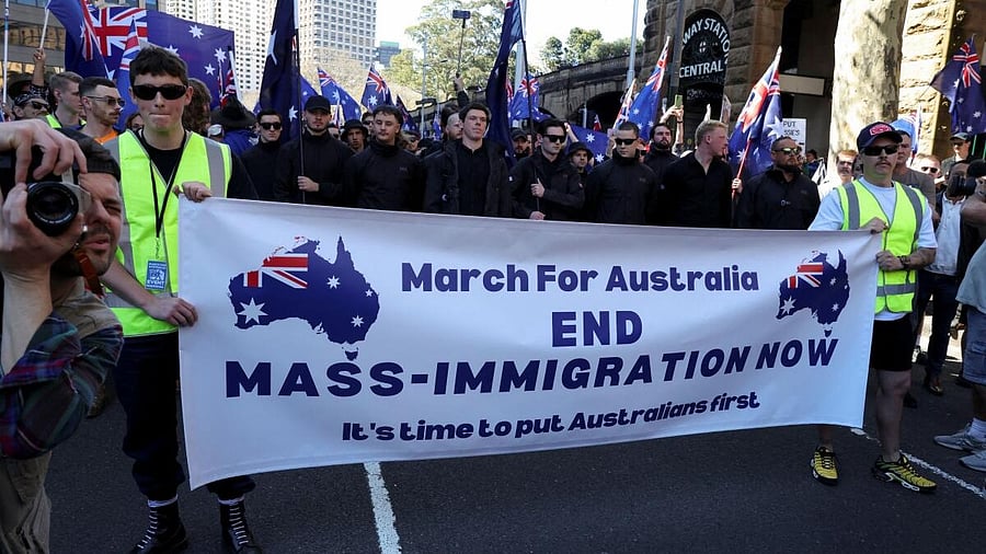 <div class="paragraphs"><p>Demonstrators hold a banner during the 'March for Australia' anti-immigration rally, in Sydney, Australia.</p></div>