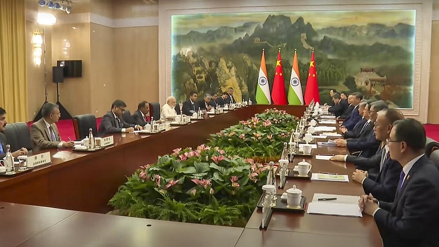 <div class="paragraphs"><p>In this screenshot from a video released on Aug. 31, 2025, Prime Minister Narendra Modi with Chinese President Xi Jinping during a meeting, in Tianjin, China.</p></div>