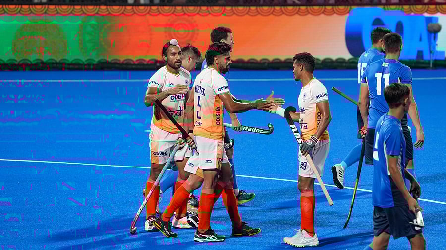 <div class="paragraphs"><p>India's Abhishek (centre) greeted by team-mates after scoring a goal against Kazakhstan in the men's Hockey Asia Cup 2025 in Rajgir. </p></div>