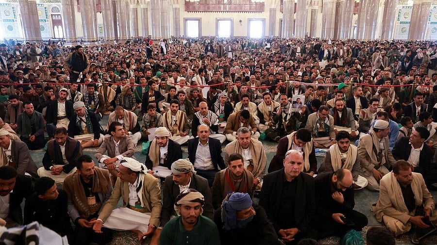 <div class="paragraphs"><p>Mourners attend the funeral procession of Houthi government officials killed in an Israeli strike, in Sanaa, Yemen.</p></div>