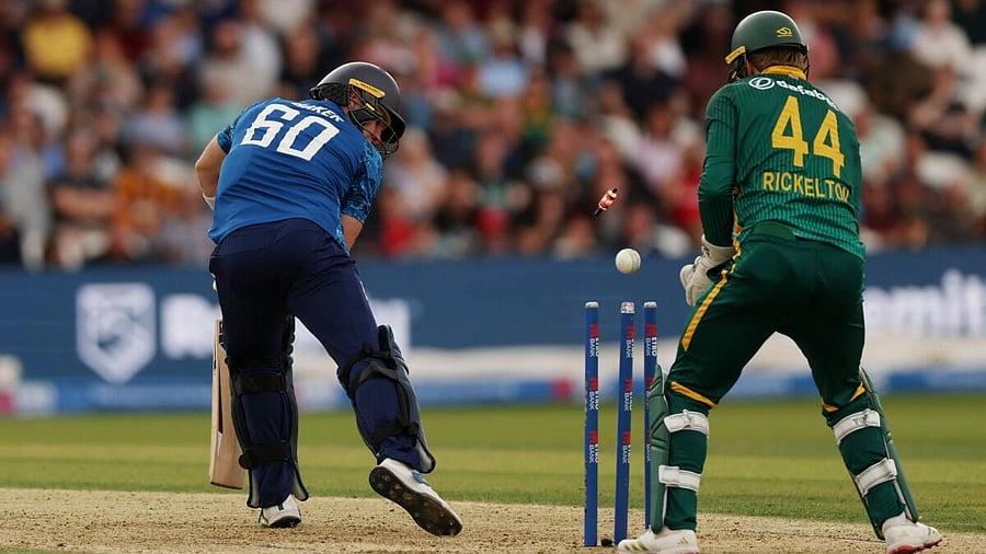 <div class="paragraphs"><p>England's Sonny Baker is bowled out by South Africa's Keshav Maharaj.&nbsp;</p></div>