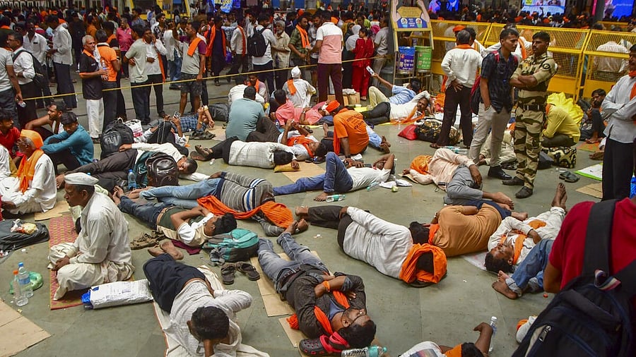 <div class="paragraphs"><p>Maratha community members during their protest at Chhatrapati Shivaji Maharaj Terminus (CSMT) seeking reservation for the community under the Other Backward Classes (OBC) category, in Mumbai.</p></div>