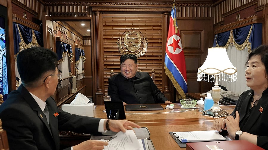 <div class="paragraphs"><p>North Korean leader Kim Jong Un travels by train as he leaves Pyongyang to attend China's celebration of the formal surrender of Japan in World War Two, in this picture released by the Korean Central News Agency on September 2, 2025. </p></div>