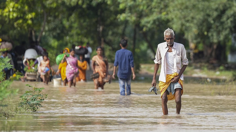 <div class="paragraphs"><p>People wade through a flooded area in the Jaitpur Yamuna Pushta, after the Yamuna river flows above the danger mark, in New Delhi.</p></div>