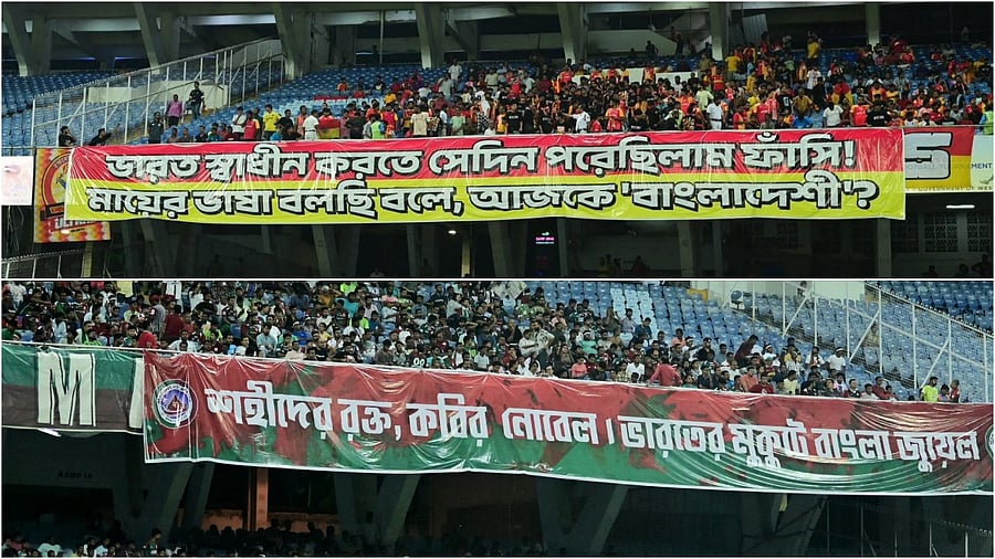 <div class="paragraphs"><p>East Bengal (Top) and Mohun Bagan (Bottom) fans raised banners alleging discrimination against Bengali-speaking migrant labours during football matches at the Yuva Bharati Krirangan.</p></div>