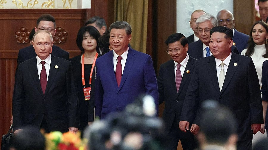 <div class="paragraphs"><p>Russian President Vladimir Putin, Chinese President Xi Jinping and North Korean leader Kim Jong Un arrive to attend a reception marking the 80th anniversary of the end of World War Two, in Beijing, China September 3, 2025.  </p></div>