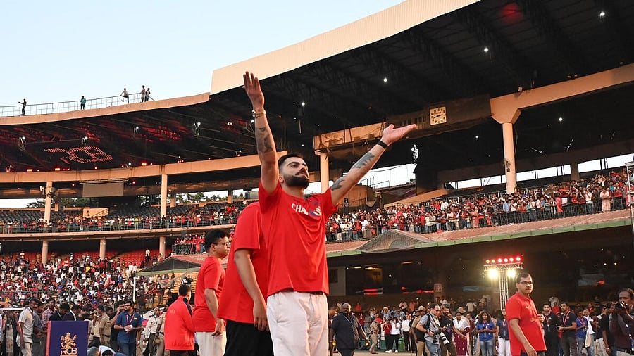 <div class="paragraphs"><p>Virat Kohli during the RCB victory celebrations at Chinnaswamy stadium, June 04, 2025.</p></div>
