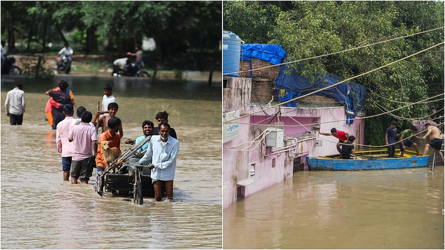 <div class="paragraphs"><p>People wade through a flooded road after a rise in the water level of river Yamuna due to heavy monsoon rains, in New Delhi.</p></div>