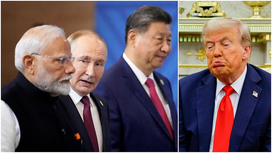 <div class="paragraphs"><p>Narendra Modi, Russian President Vladimir Putin and Chinese President Xi Jinping(L), US President Donald Trump</p></div>