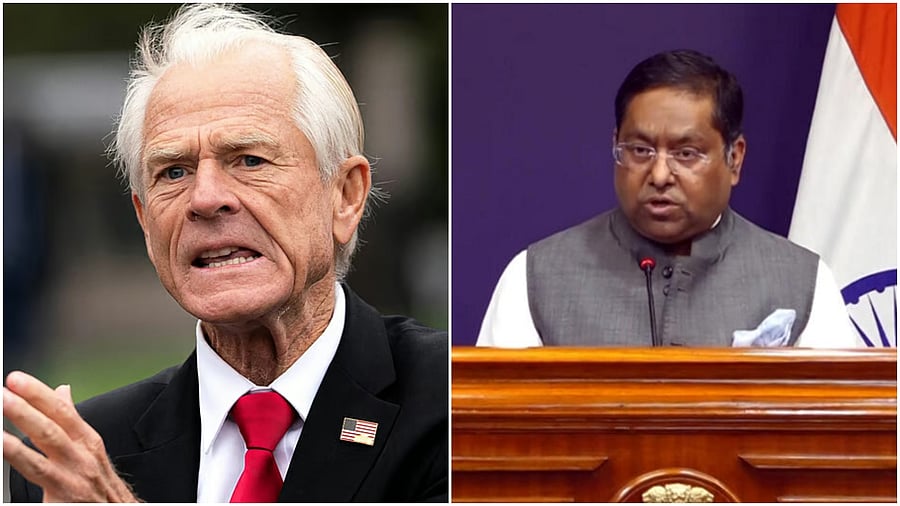 <div class="paragraphs"><p>White House trade advisor Peter Navarro (L), External Affairs Ministry spokesperson Randhir Jaiswal. </p></div>