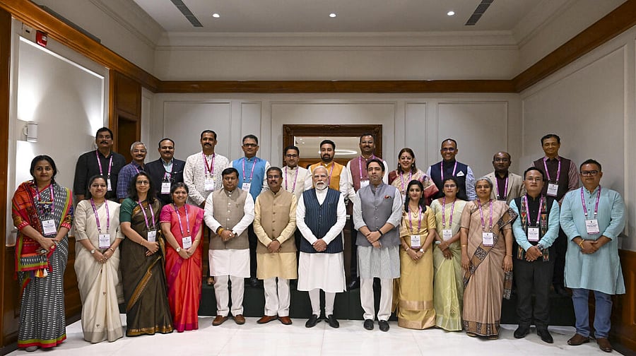 <div class="paragraphs"><p>PM Modi meets National Awardee Teachers: Prime Minister Narendra Modi with Union Education Minister Dharmendra Pradhan, Minister of State for Education Sukanta Majumdar, and MoS Jayant Chaudhary during a meeting with winners of National Teachers Awards, 2025, at his official residence, in New Delhi. </p></div>
