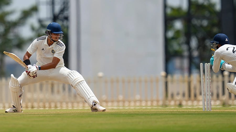 <div class="paragraphs"><p>West Zone's Aarya Desai being stumped by Central Zone wicketkeeper Upendra Yadav on the final their Duleep Trophy semifinal at the BCCI Centre of Excellence ground in Bengaluru on Sunday. </p></div>