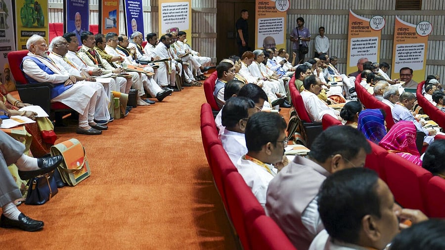 <div class="paragraphs"><p>In this image posted on Sept. 7, 2025, Prime Minister Narendra Modi and others during ‘Sansad Karyashala’, in New Delhi.</p></div>