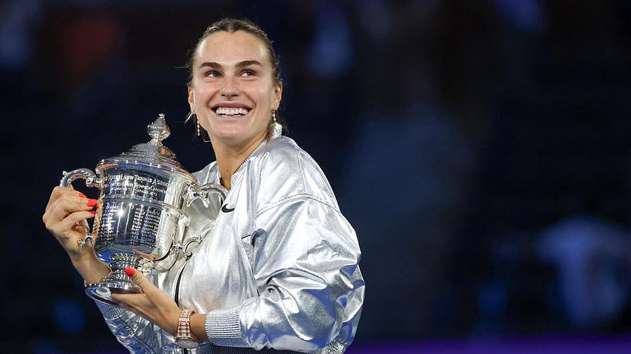 <div class="paragraphs"><p>Aryna Sabalenka celebrates championship trophy after winning the women's singles final against Amanda Anisimova (USA) (not pictured) of the 2025 US Open tennis championships at Billie Jean King National Tennis Center.</p></div>