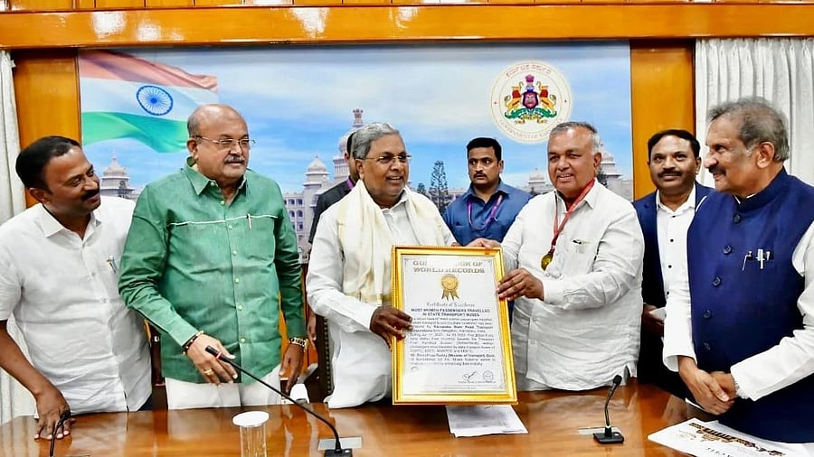 <div class="paragraphs"><p>Transport Minister Ramalinga Reddy presents the Golden Book of World Records certificate and medal for BMTC's Shakti Scheme to Chief Minister Siddaramaiah on Monday. </p></div>
