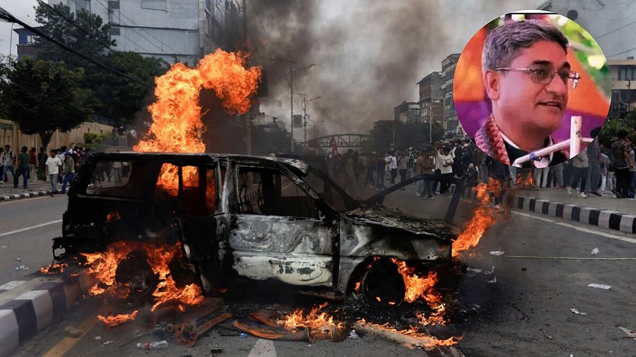 <div class="paragraphs"><p>People stand near a vehicle torched by the demonstrators during a protest against corruption and the government’s decision to block several social media platforms, in Kathmandu, Nepal, September 8, 2025. Insert: Ramesh Lekhak</p></div>