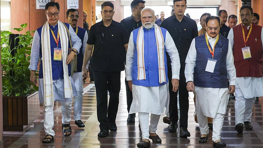 <div class="paragraphs"><p>In this image posted on Sept. 7, 2025, Prime Minister Narendra Modi, Union Minister and BJP National President JP Nadda, Union Minister Kiren Rijiju and others during ‘Sansad Karyashala’, in New Delhi.</p></div>
