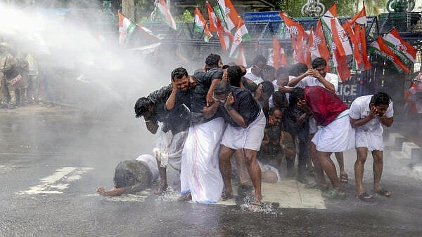 <div class="paragraphs"><p>Water cannons being used to disperse Youth Congress activists during a protest demanding the dismissal of policemen accused of brutally assaulting one of their leaders while in custody at Thrissur’s Kunnamkulam police station two years ago, at the Kerala Secretariat</p></div>