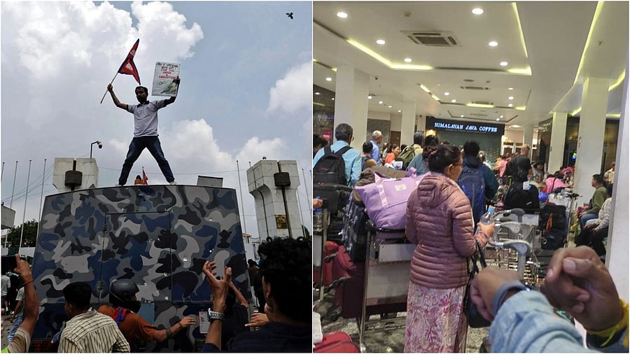 <div class="paragraphs"><p>Protestors in Nepal(L), Stranded passengers hailing from Karnataka at Kathmandu airport.</p></div>