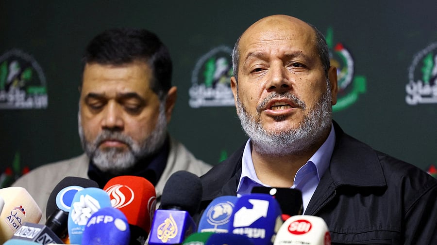 <div class="paragraphs"><p>Hamas officials, Khalil Al-Hayya and Osama Hamdan, attend a press conference in Beirut, Lebanon.</p></div>