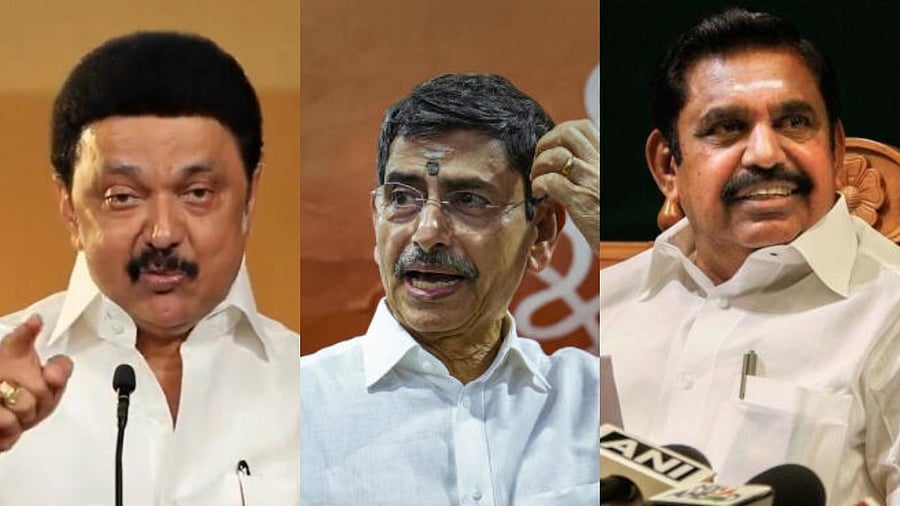 <div class="paragraphs"><p>Tamil Nadu Governor R N Ravi (centre), Chief Minister M K Stalin (L) and AIADMK General Secretary Edappadi K Palaniswami (R).</p></div>