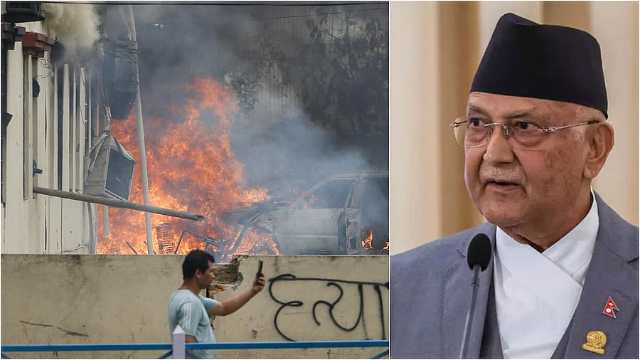<div class="paragraphs"><p>Smoke and flames billow out after the premises of Communist Party of Nepal-Unified Marxist Leninist's (CPN-UML) office was set on fire by agitators amid massive anti-government protests, in Kathmandu(L), Former PM K P Sharma Oli.</p></div>